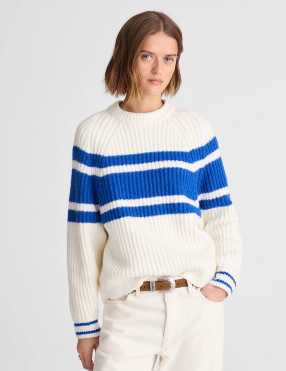 NWT Madewell Raglan Sleeve Sweater Stripe Crewneck Relaxed Ivory Blue Size XS